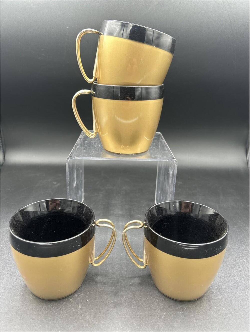 Vintage NFC Set 4 Thermal Insulated Coffee Mugs Cup Gold Black MCM Made USA